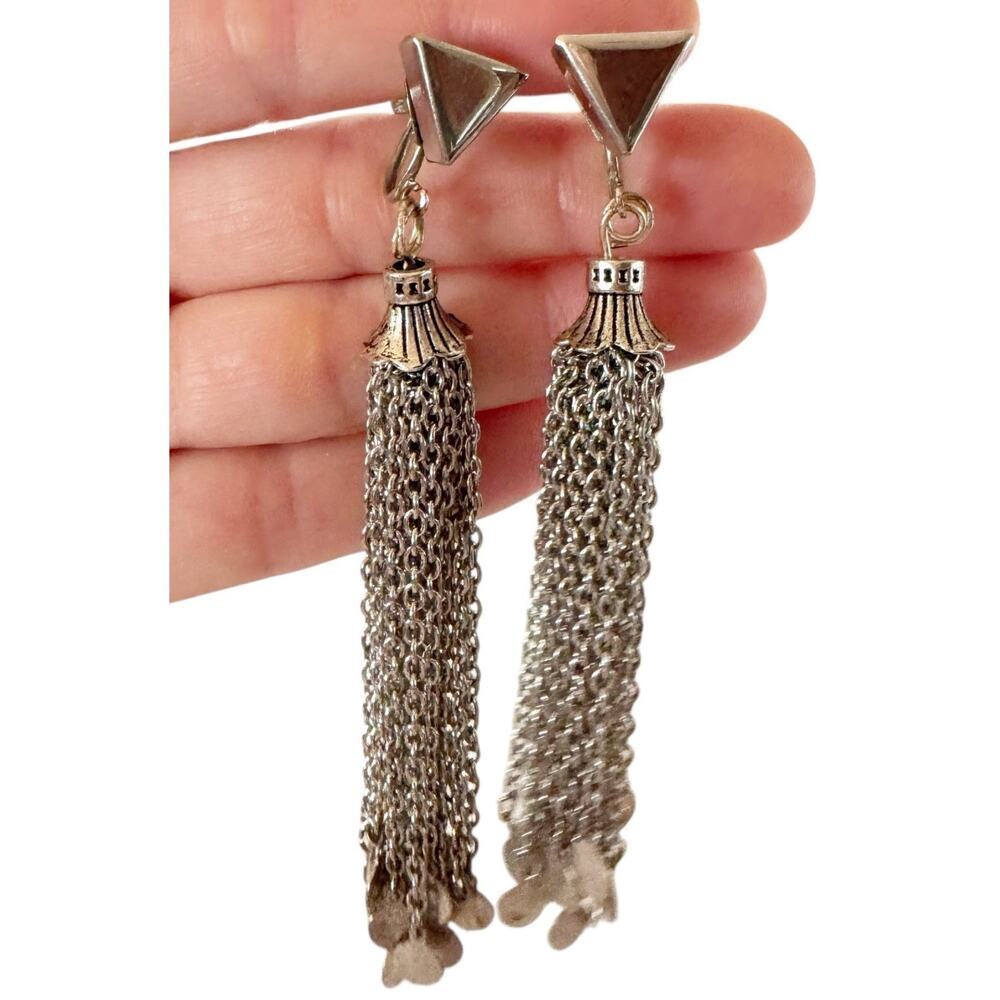 Vintage Silver‎ Tone Chain Tassel Screw On Earrings